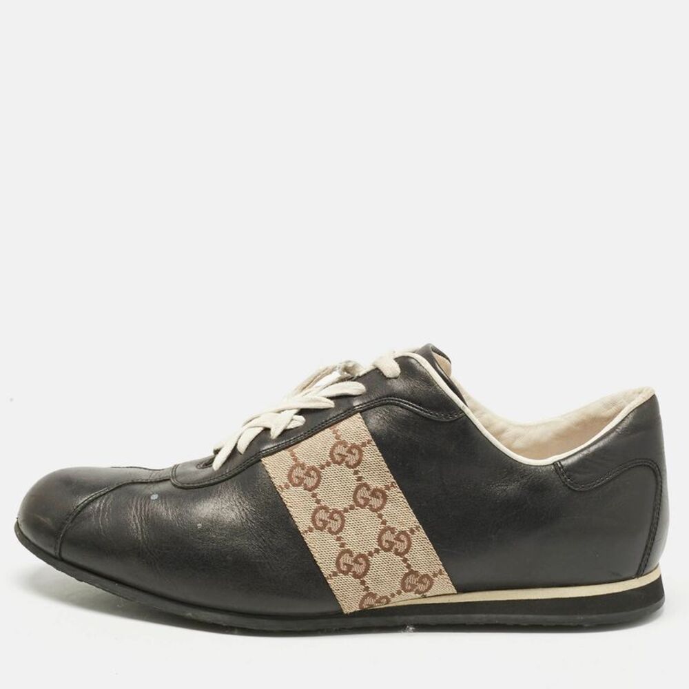 Gucci Beige/black Leather And Canvas Tennis Low Top Sneakers Size 45